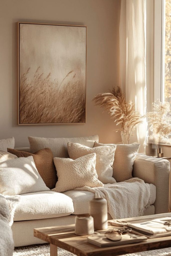 Beige sofa soft layered comfort.