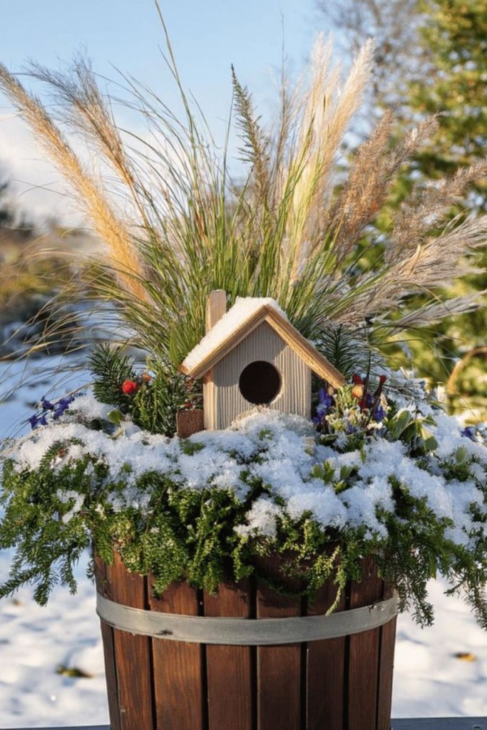 Birch basket with cedar winter foliage