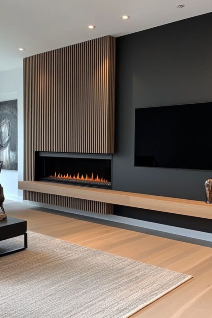 Black slate fireplace wall with TV