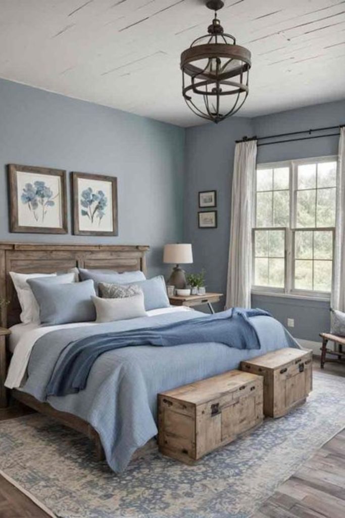 Blue-sprigged country bedroom peaceful feel.