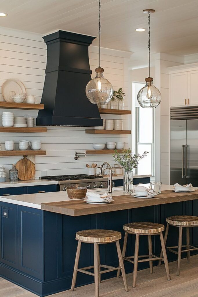 Navy blue and oak farmhouse kitchen.