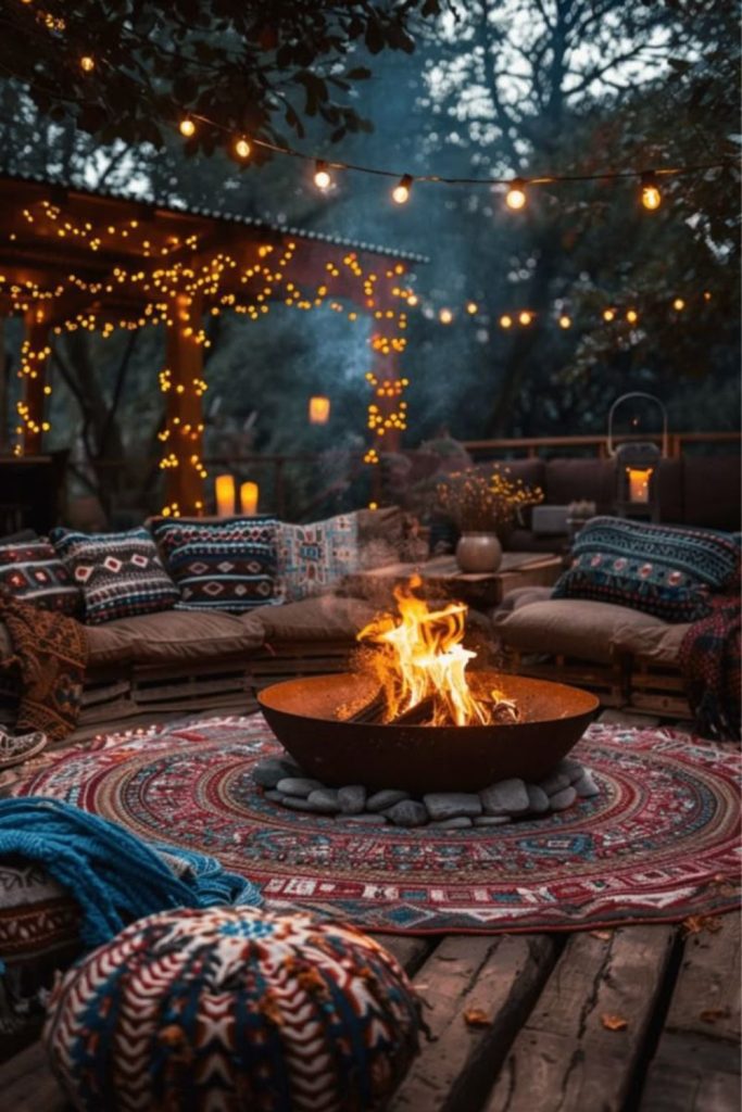 Bohemian fire pit lounge setup