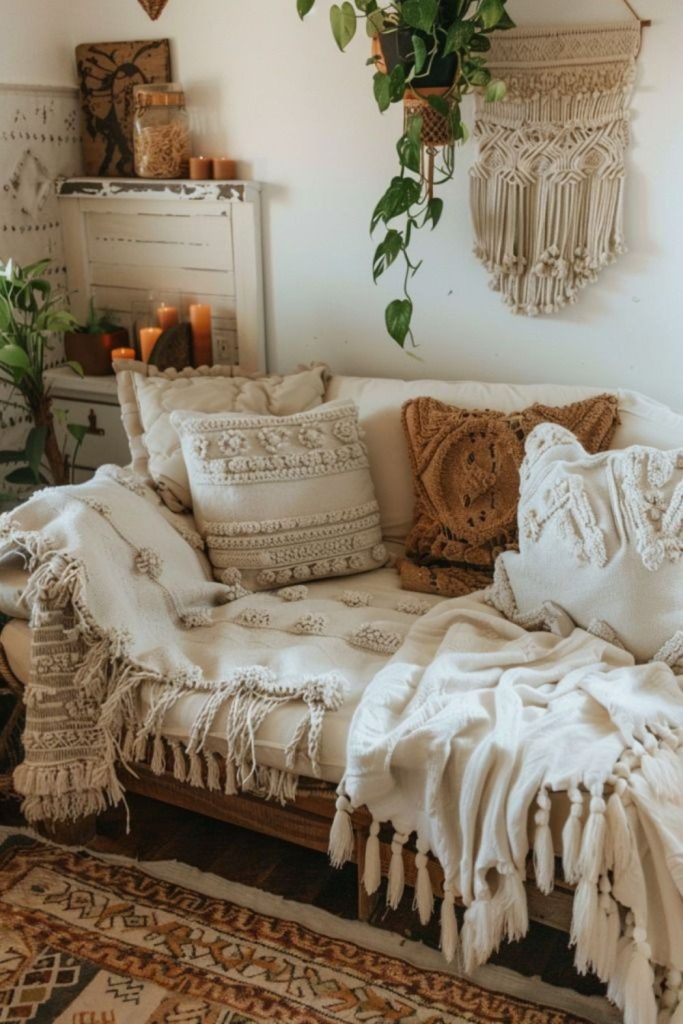 Boho fringe blanket cozy space.