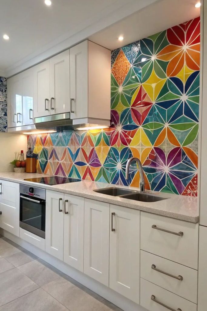 Bold color pop glossy backsplash statement