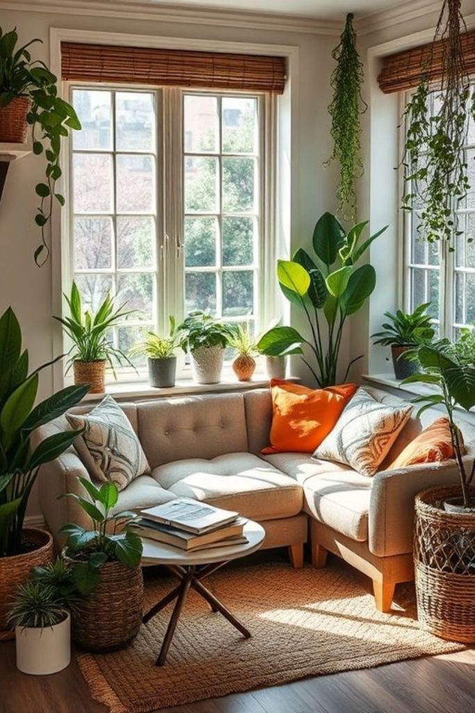 Green plants surround cozy corner