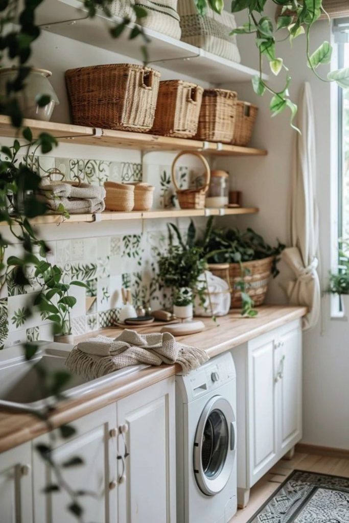 Indoor plants decorating peaceful laundry.
