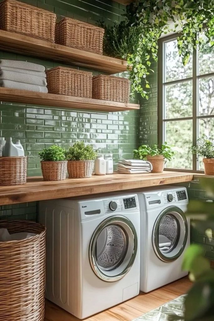 Zen-inspired laundry with hanging plants.