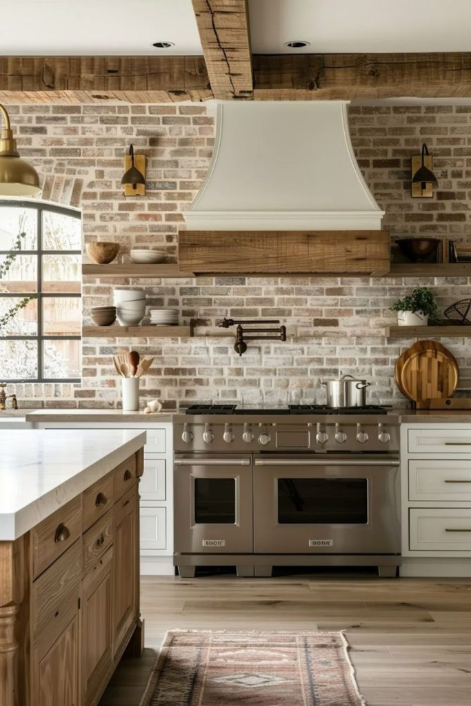 Brick-framed rustic kitchen with warmth.