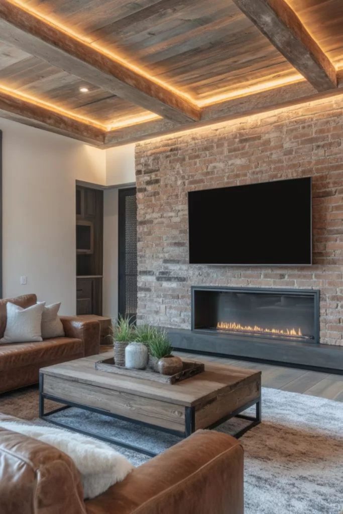 Brick and steel fireplace wall TV