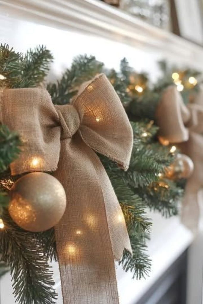 Burlap ribbon cascading over mantle