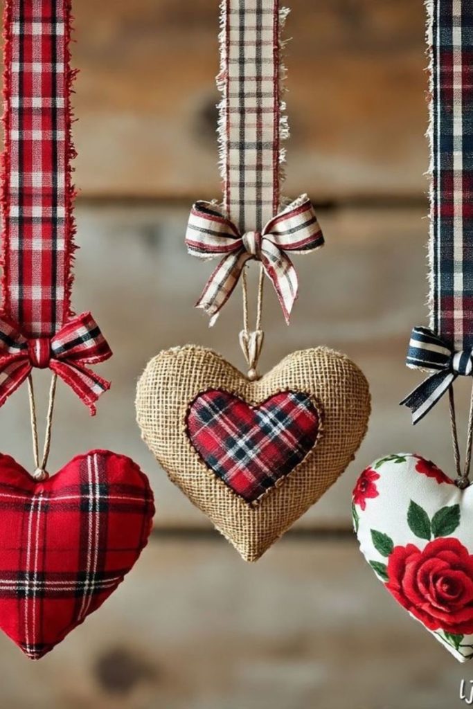 Rustic burlap hearts with lace accents