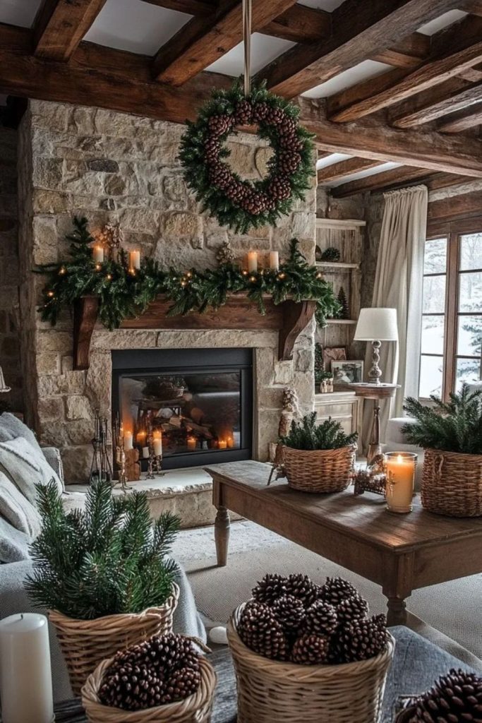 Pinecone cabin hearth with rustic warmth.
