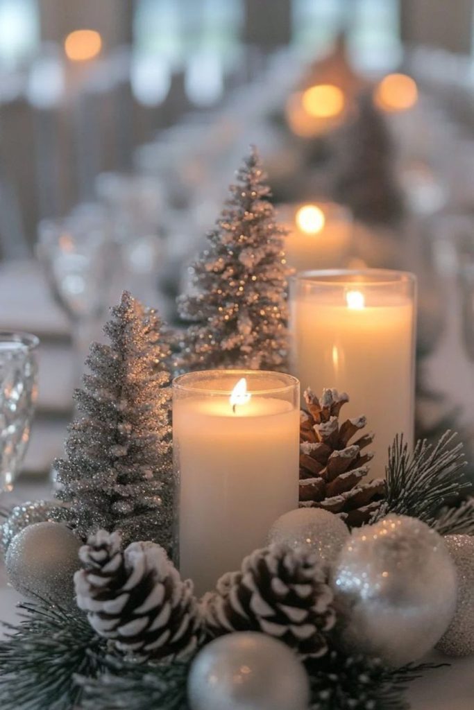 Candles surrounded by pinecones and twigs