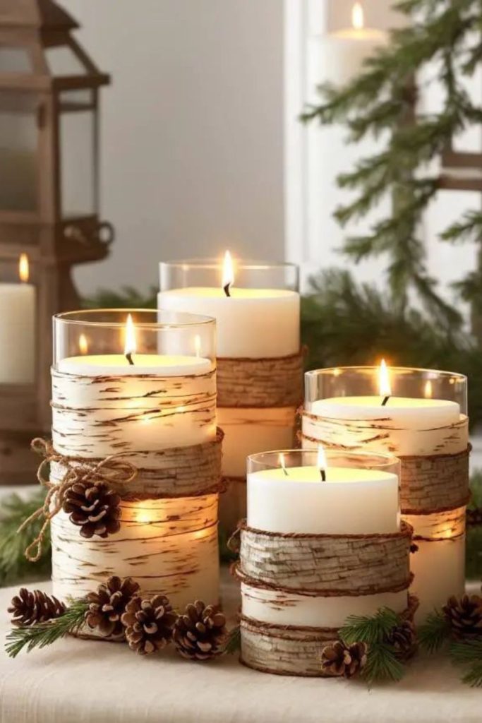 Birch ring centerpiece with flickering candles