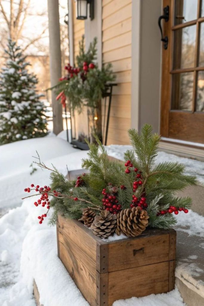 Candlelit juniper crate porch decoration