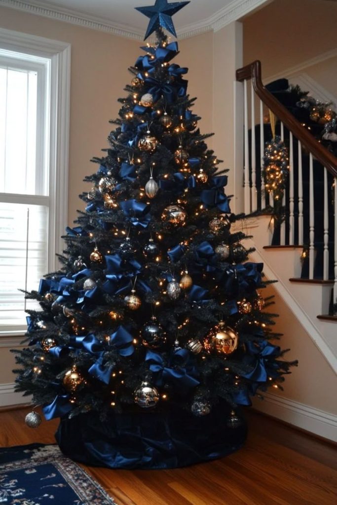 Midnight blue tree with candlelit shimmer.