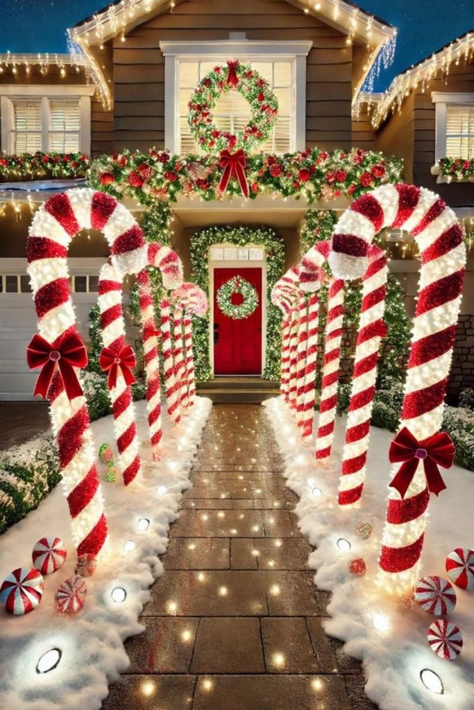 Oversized candy cane decorations along path