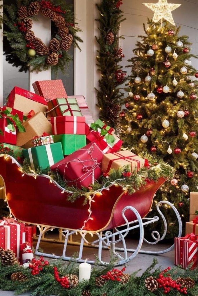 Festive sleigh with gifts and candy