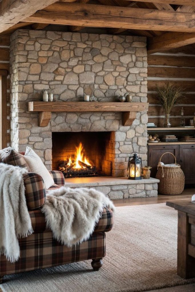 Canyon warm desert-hued fireplace room.