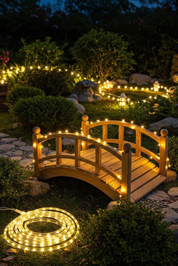 Small bridge decorated with lights and snow