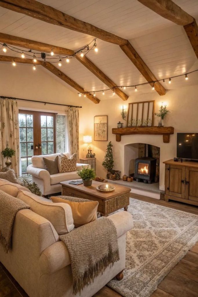 Caramel-toned living hearth cozy feel.