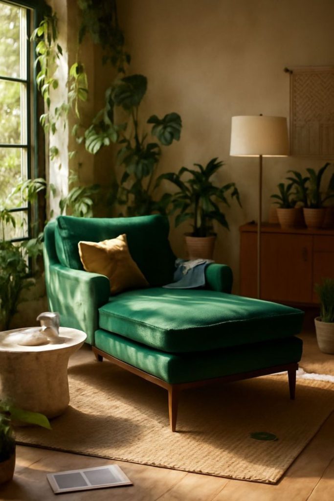 Long velvet chaise with small side trays