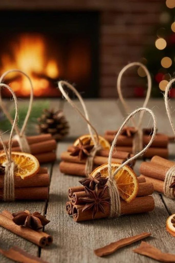 Bundled cinnamon sticks with festive ribbons