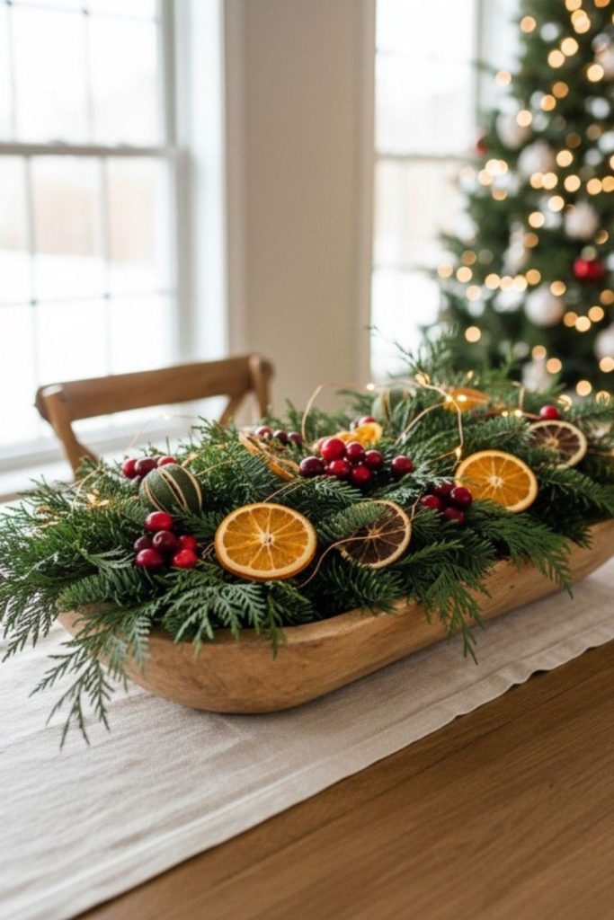 Frosted citrus fruits with pine sprigs
