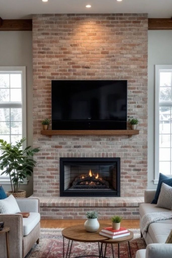 Classic brick fireplace wall with TV