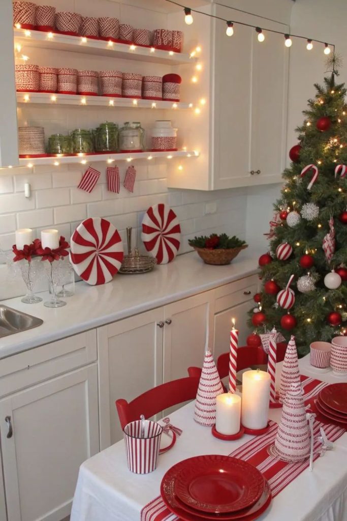 Candy cane patterned Christmas kitchen.