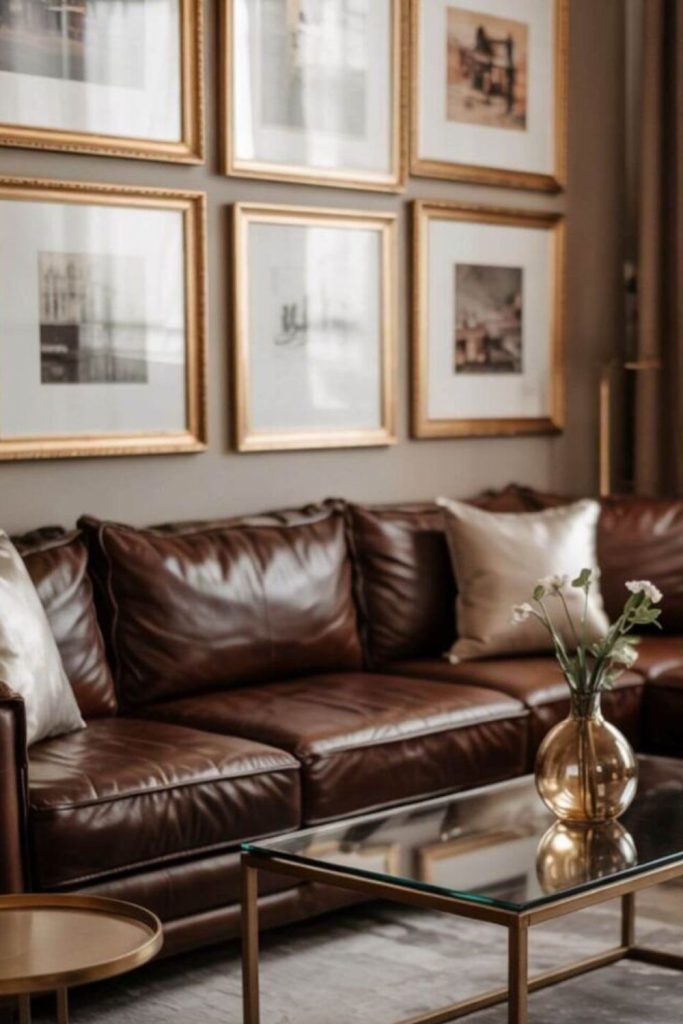 Elegant brown leather traditional living room