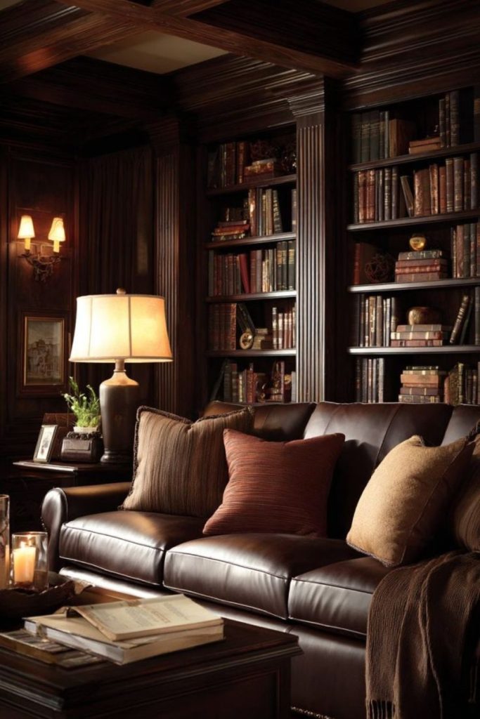 Classic brown leather library lounge
