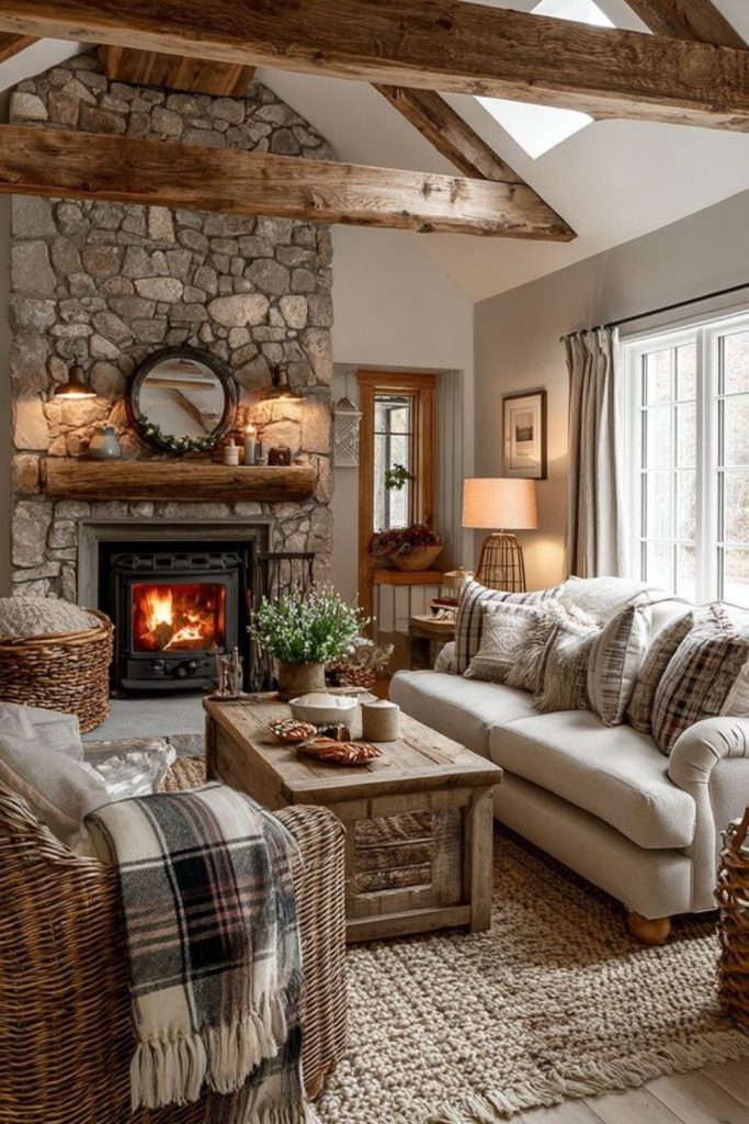 Clay-hearth farmhouse living serene setting.