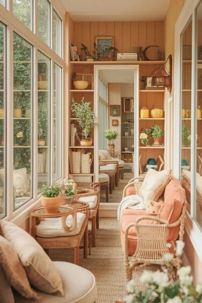 Sunroom with clay potted plants.