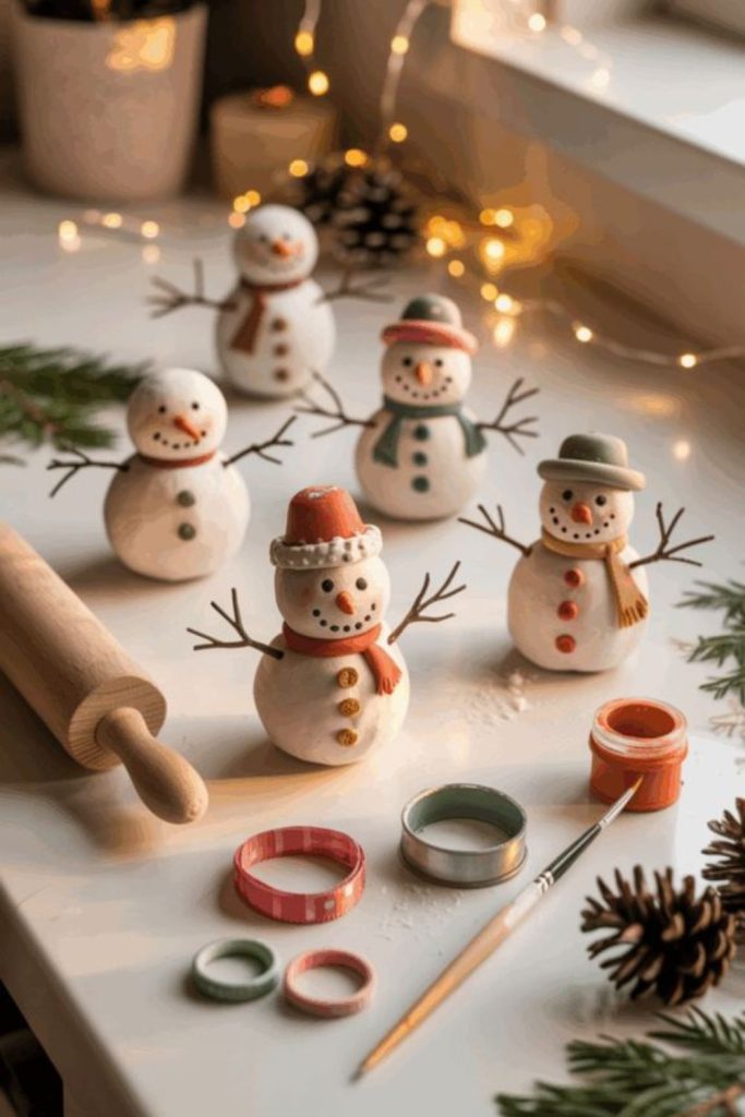 Miniature handmade clay snowmen ornaments