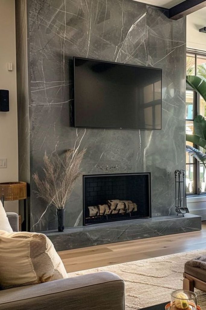 Soft cloudstone contemporary fireplace lounge.