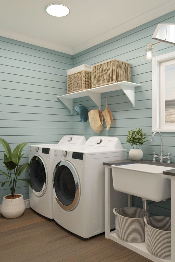 Beach-themed laundry with driftwood accents.