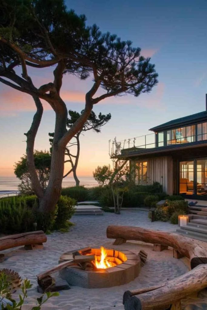 Driftwood fire pit by ocean
