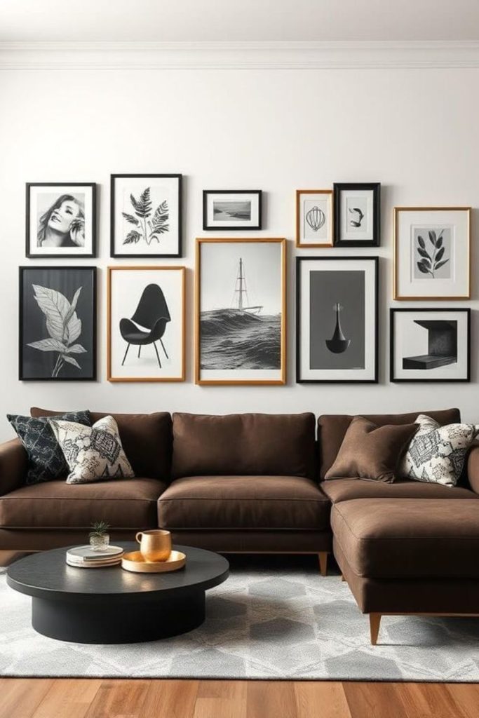 Modern brown minimalist stone accent living.