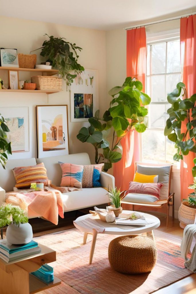 Layered colors enrich compact living space.