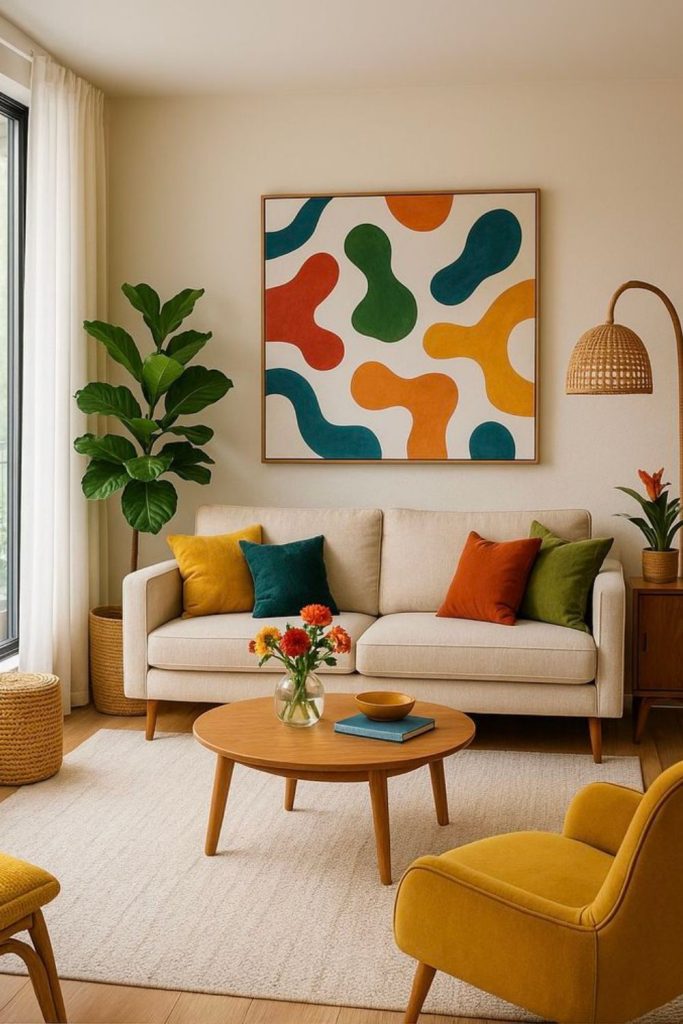Vibrant accents brighten minimal living space.