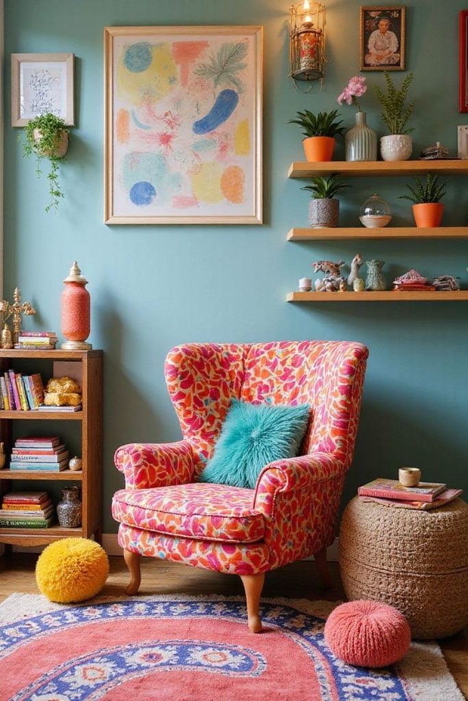 Small eclectic armchair and shelves