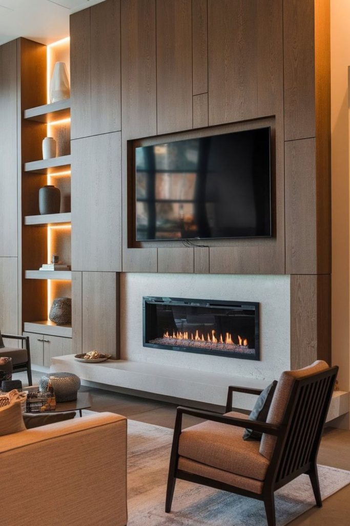 Concrete and wood fireplace wall TV