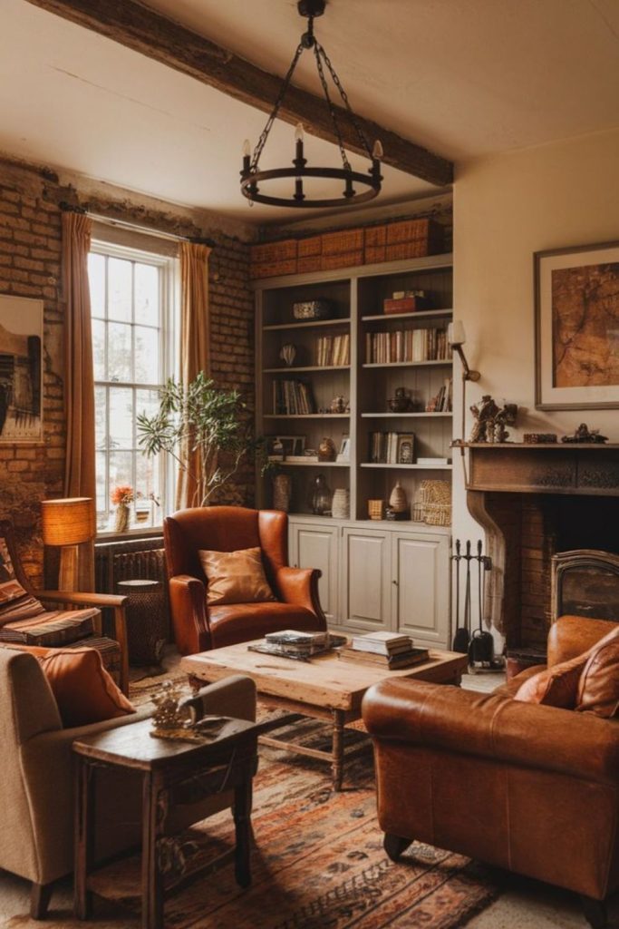 Copper industrial fireplace design interior.