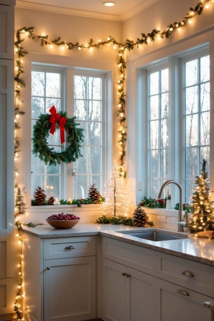 Corner kitchen window pine garland lights