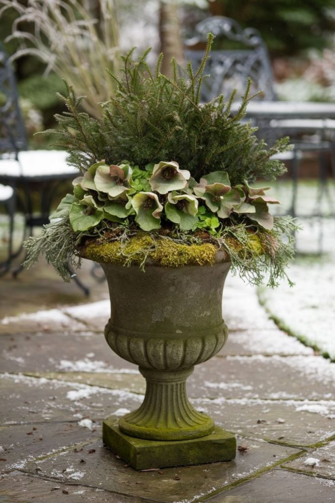 Stone urn holds orchids and pine mix