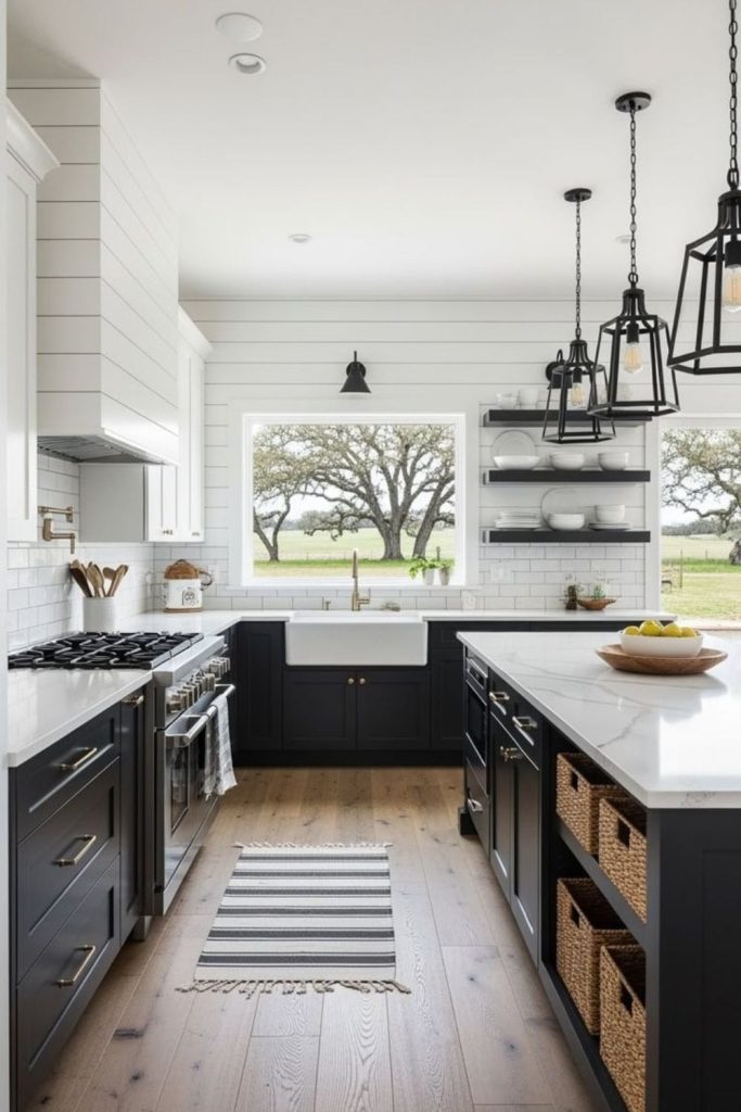 Black and cream elegant farmhouse kitchen.
