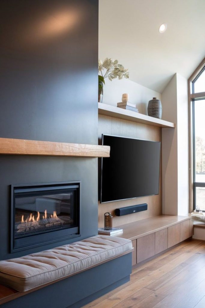 Cozy alcove fireplace with mounted TV