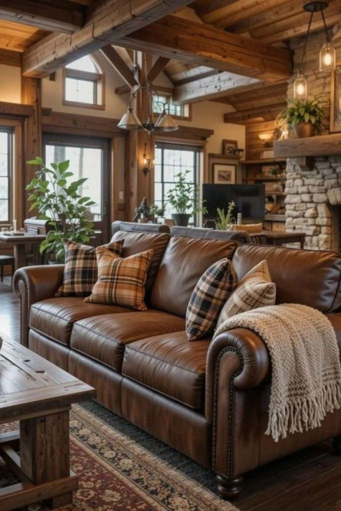 Cabin-inspired warm brown leather lounge