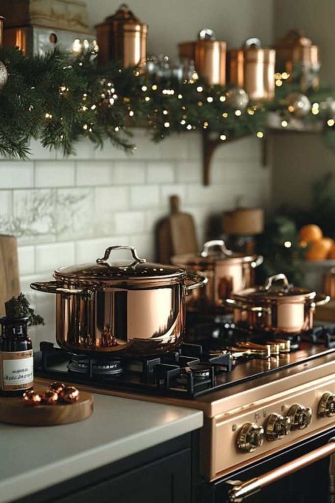 Copper kitchen glowing with Christmas warmth.
